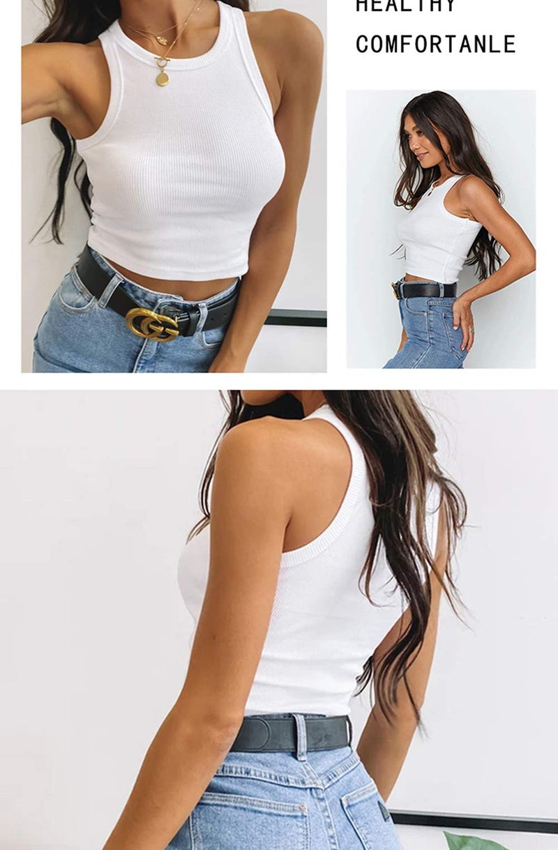 Meladyan Women's Round Neck Basic Racerback Camisole Rib-Knit Solid Sleeveless Crop Tank Tops White - Image 4